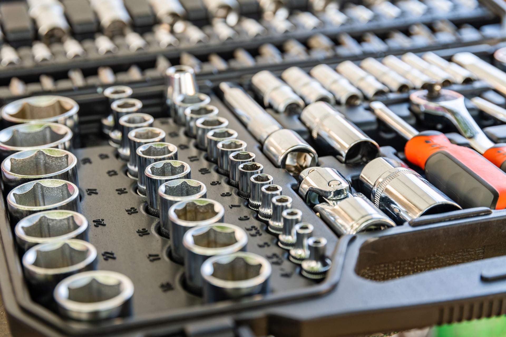 Socket set with socket wrench. Toolkit for the car maintenance